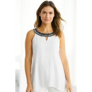 AB Studio Women’s Large White Sleeveless Blouse with Embroidered Neckline